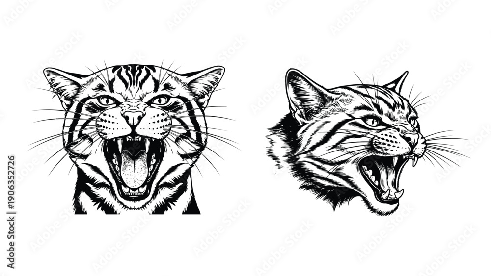Obraz premium Pair of Snarling Cat Heads Illustration for Pet Branding, Retail Merchandise, Logo Design and E-commerce Marketing Vector Graphic