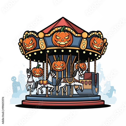 A spooky carousel with jack-o-lanterns