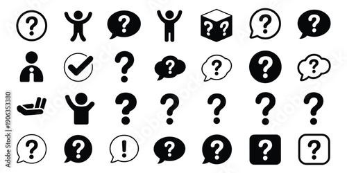 Black question mark icons set, versatile FAQ symbols collection, including line and solid question mark designs