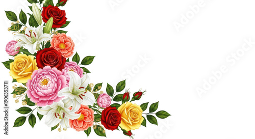 Elegant floral corner decoration with roses, lilies, and peonies in vibrant colors, sparkling gold accents, perfect for invitations and celebrations.