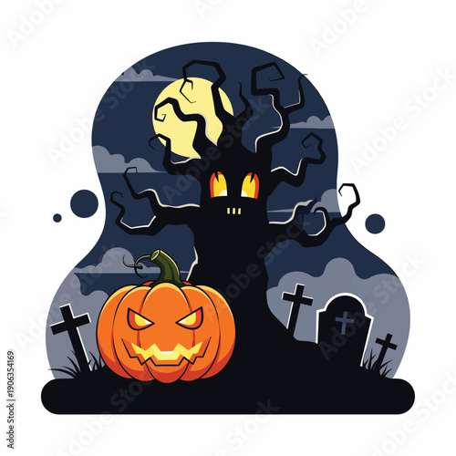 A spooky Halloween scene with a jack-o'-lantern and haunted house