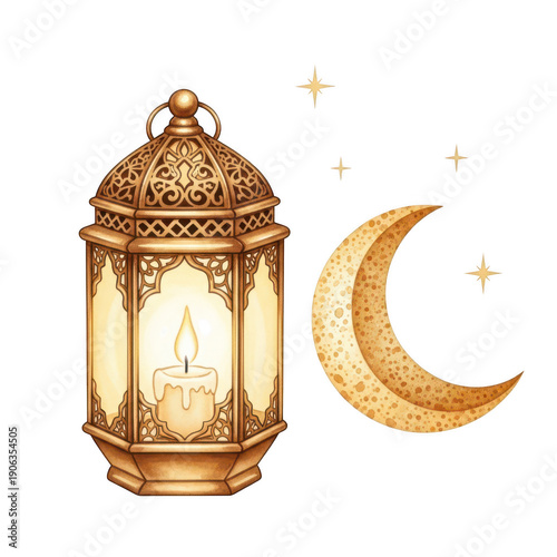 Ornate golden lantern with a lit candle casting warm light, beside a textured crescent moon and twinkling stars, perfect for Ramadan or Islamic themes.