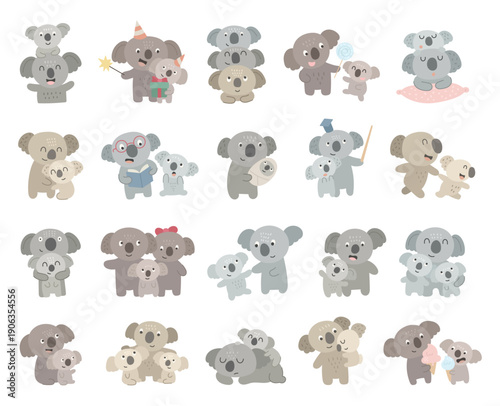 Koala family character set scandinavian style parent baby siblings hugging caring teaching reading sleeping celebrating walking learning nurturing