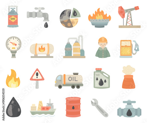 Petroleum industry equipment set in scandinavian style gas oil extraction processing transport storage safety infrastructure systems operations for your designs projects