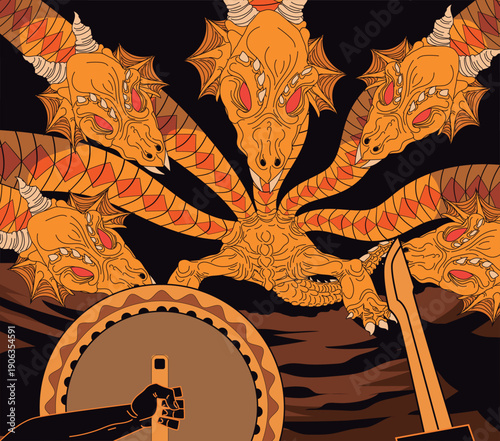 warrior fighting the hydra in greek mythology