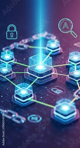 Digital decentralized ledger technology system illustrated with glowing data nodes and chain links