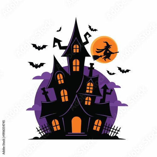 A spooky haunted house with a witch