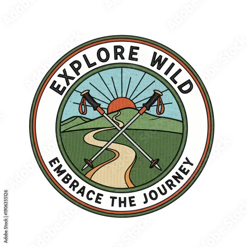 Logo with Hiking Poles and Landscape.