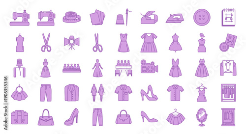 Stylish fashion clothing icon set featuring modern apparel accessories and retail elements including dresses shirts handbags shoes and boutique essentials crafted in an elegant flat design ideal for e