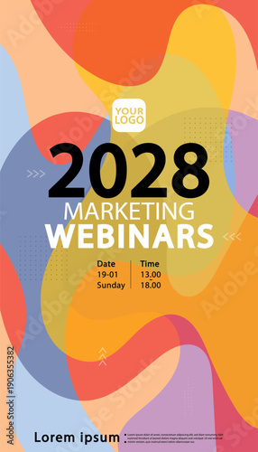Marketing webinar poster with vibrant organic fluid shapes and colorful abstract layers. This inclusive business template features a modern vertical background for social media stories.