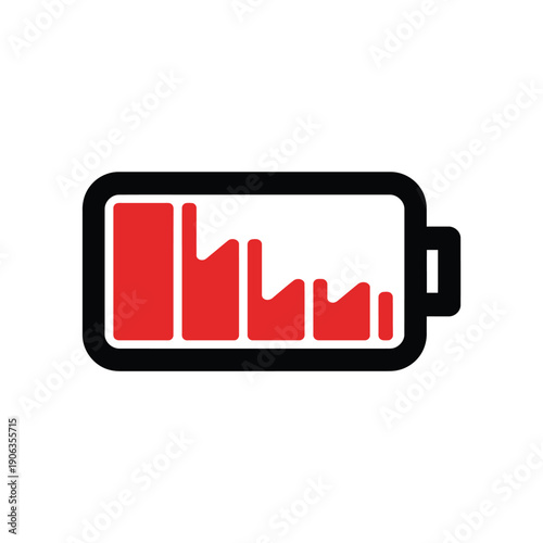 A low battery icon with a red bar graph on a white background