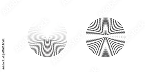 Set of black concentric circles. Sonar or a collection of sound wave rings. Pointed and linear epicenters, targets, radar icon concepts. Radial ripple signals or vibration elements.