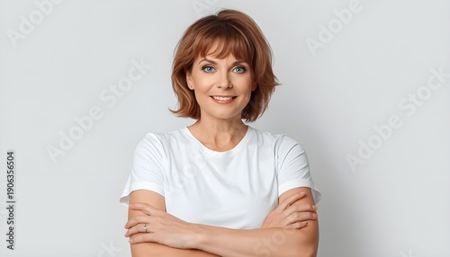 A confident middle-aged woman with short brown hair and a white t-shirt standing against a plain background with her arms crossed.
