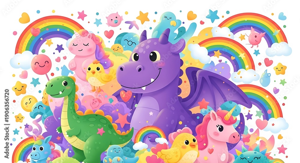 Fototapeta premium Colorful cartoon fantasy creatures with rainbow and cloud background design