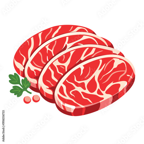 Raw marbled beef slices and garnish on a white surface, ideal for food blogs, restaurant menus, cooking websites, and culinary presentations.