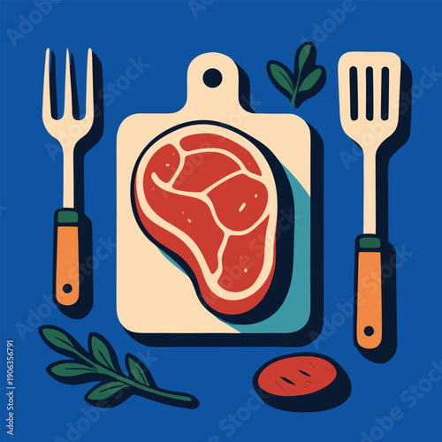 Steak presentation with utensils, perfect for food blogs, cooking articles, restaurant menus, and culinarythemed designs needing mouthwatering visuals.
