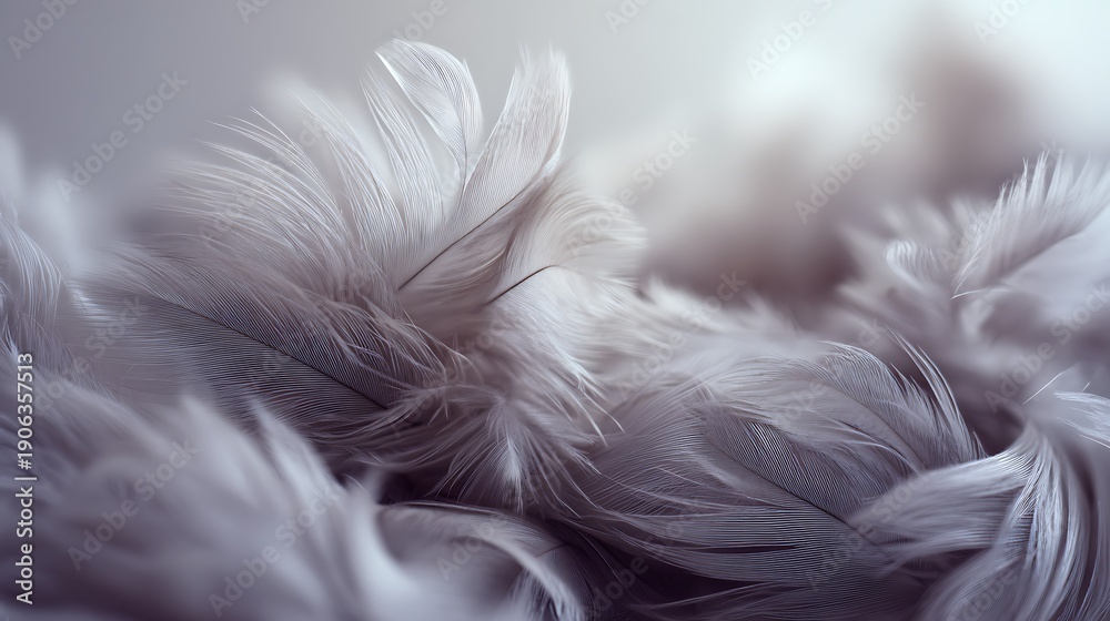 Fototapeta premium Close-up of soft, white feathers, with blurred background, creating a serene, delicate image