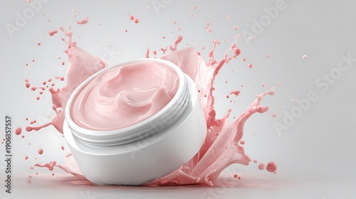 A white jar of pink cream is showcased amidst a dynamic splash on a soft grey backdrop