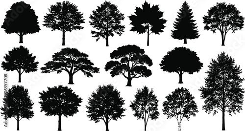 Diverse Black Tree Silhouettes - Majestic Forest and Landscape Elements