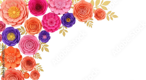 Vibrant corner decoration of handmade paper flowers in rich shades of pink, orange, and purple, with golden leaves, ideal for festive and celebratory designs.