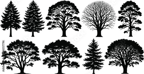 Detailed Black Tree Silhouettes - Majestic Woodland and Park Elements
