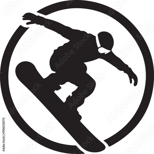 Dynamic silhouette of a snowboarder in action within a circular frame