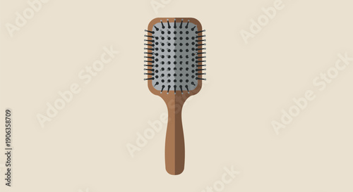A wooden hairbrush with a grey cushion and bristles on a beige background.