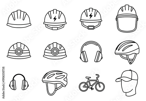 Hand drawn line art safety and protection icons set featuring various hard hats, a bicycle helmet, ear defenders, a baseball cap, and a bicycle for industrial work and personal safety