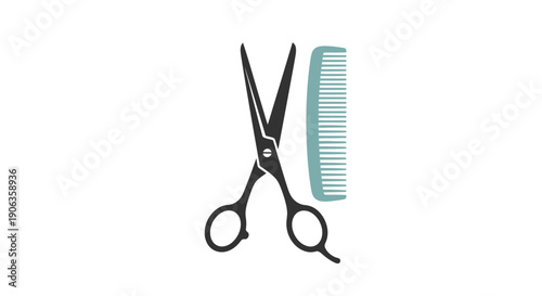 Simple illustration of scissors and comb on white background.