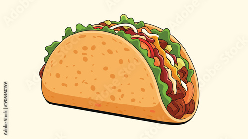 Detailed illustration of a large loaded taco with seasoned meat fresh lettuce tomato and shredded cheese on a yellow background.