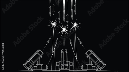 Aerial Bombardment Over Landscape Illustration for Urban Conflict, Humanitarian Crisis Reporting and Emergency Response Vector Graphic