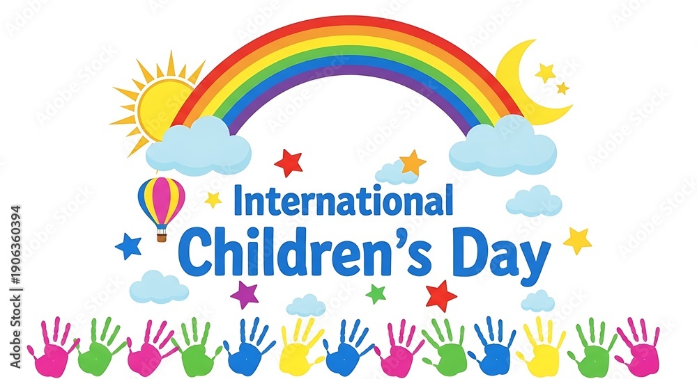 Obraz premium Colorful International Childrens Day celebration graphic with rainbow and handprints