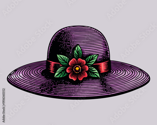 A vintage illustration of a purple bowler hat adorned with a red flower