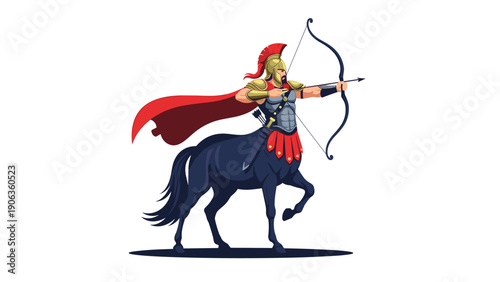 Centaur warrior wearing roman style armor and a red cape aiming a bow and arrow in a mythical forest landscape.