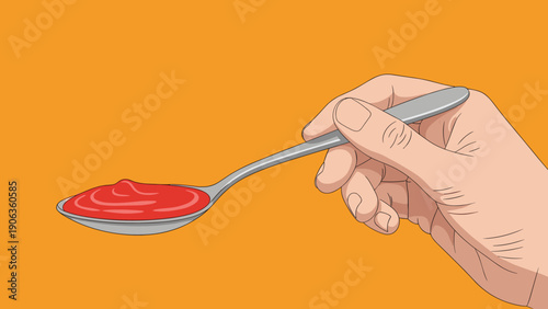 Hand holding a metal spoon filled with thick red tomato ketchup against a solid bright orange background.