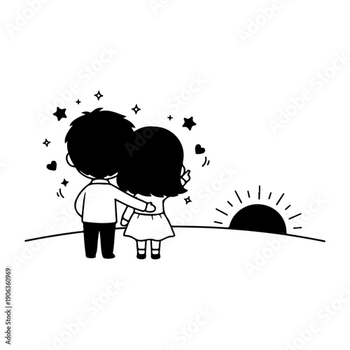 An adorable cartoon couple standing together, holding hands, watching the sun rise or set with sparkling stars and hearts.