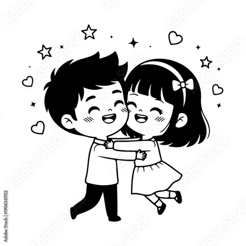 A cheerful cartoon boy and girl happily hugging each other, surrounded by whimsical stars and hearts, symbolizing love and joy.