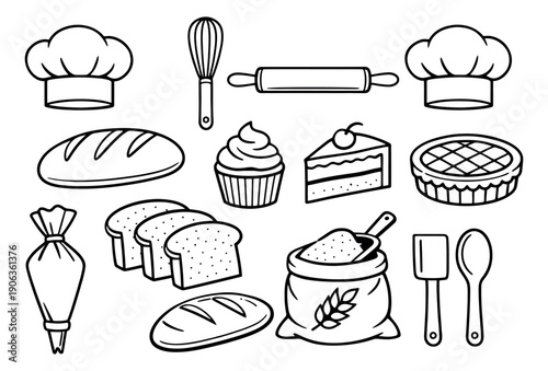 Hand drawn line art baking set featuring chef hats, bread, desserts, and kitchen tools for food preparation