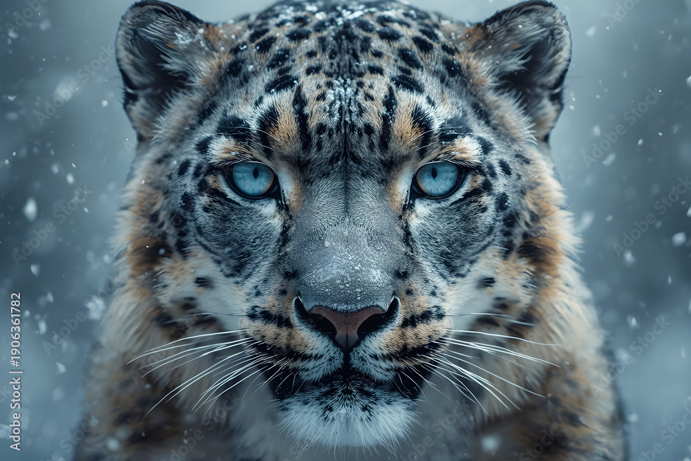 Obraz premium Close-Up Portrait of a Majestic Snow Leopard with Blue Eyes in Winter Snowfall