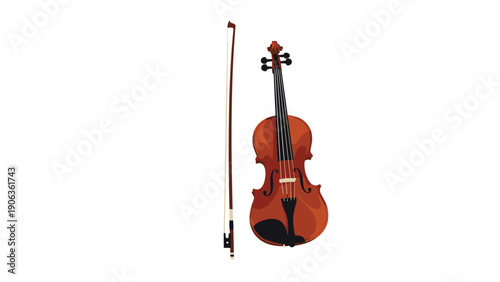 Classic wooden violin with a dark chin rest and a long bow standing vertically next to it on a clean white background.