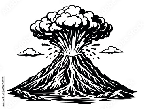 Retro hand drawn illustration of a volcano depicting an eruption for natural disaster concepts