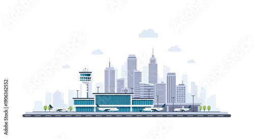 Modern Airport Terminal with Airplanes and City Skyline