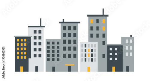 Modern Flat Cityscape with Tall Buildings and Windows