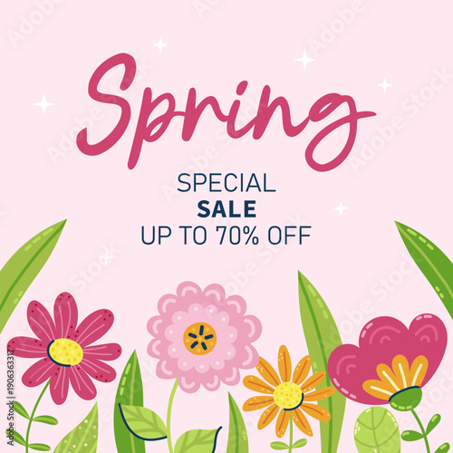 Hello Spring square web banner with flower bouquets on the bottom. For sales and discounts. Cute hand drawn flowers. Vector illustration on pink background.