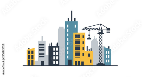 Cityscape construction with crane and modern buildings
