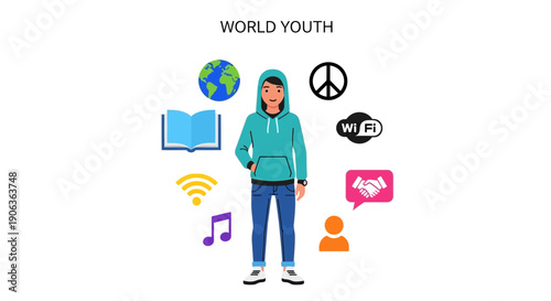 Young Person Surrounded by Global Icons of Connection and Learning