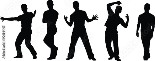 Dancing men silhouette set showing male party dancers in different poses, disco and music celebration concept isolated on white background for event design.