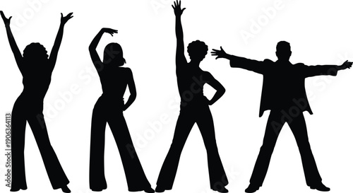 Dancing people silhouette set showing men and women in party dance poses, celebration and disco movement concept isolated on white background for event design.