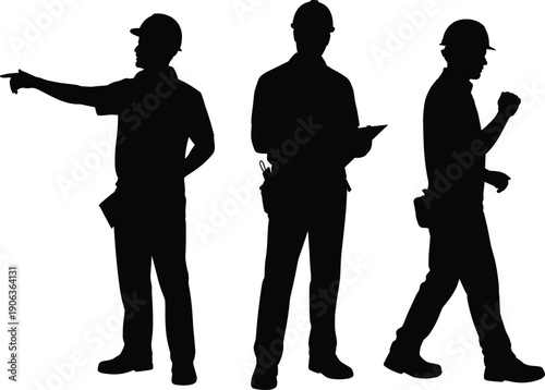 Construction worker silhouette set showing builders wearing hard hats, standing and walking poses with tools, industrial labor concept isolated on white background.