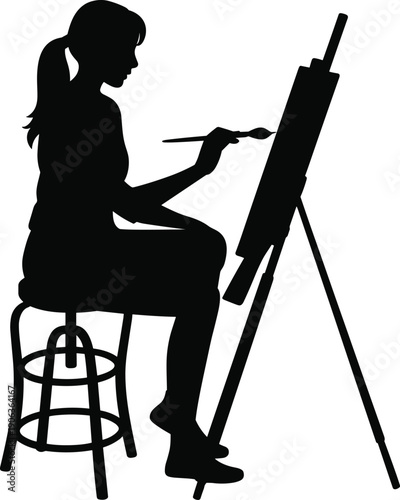 Female painter silhouette illustration showing woman sitting on stool painting on easel with brush, creative artist workshop concept isolated on white background.